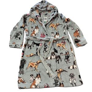 Vera Bradley Light Gray Plush Hooded Robe with Colorful Dog Print